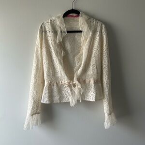 Emanuel Ungaro cream lace long sleeve tie front top